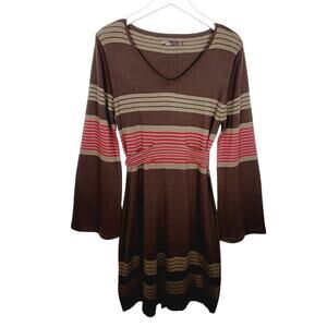 PrAna Brown Striped Sydney Bell Sleeve Belted Knit V-Neck Sweater Dress M